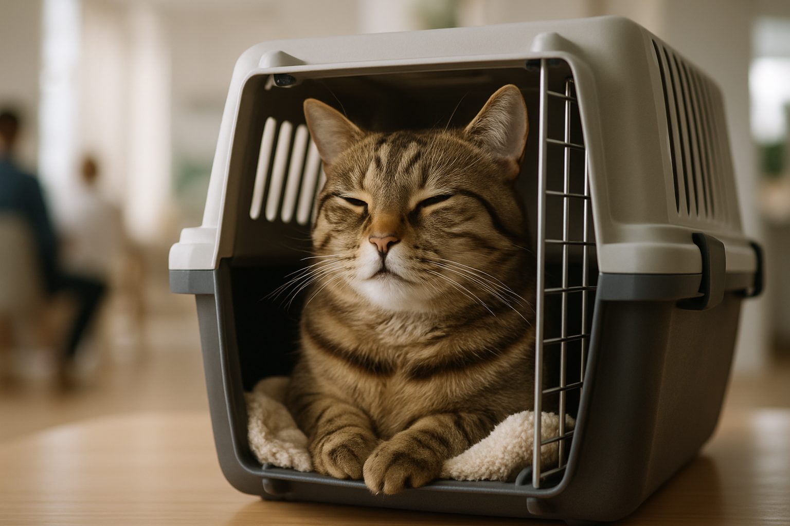 Relaxed cat inside a well-ventilated IATA travel crate