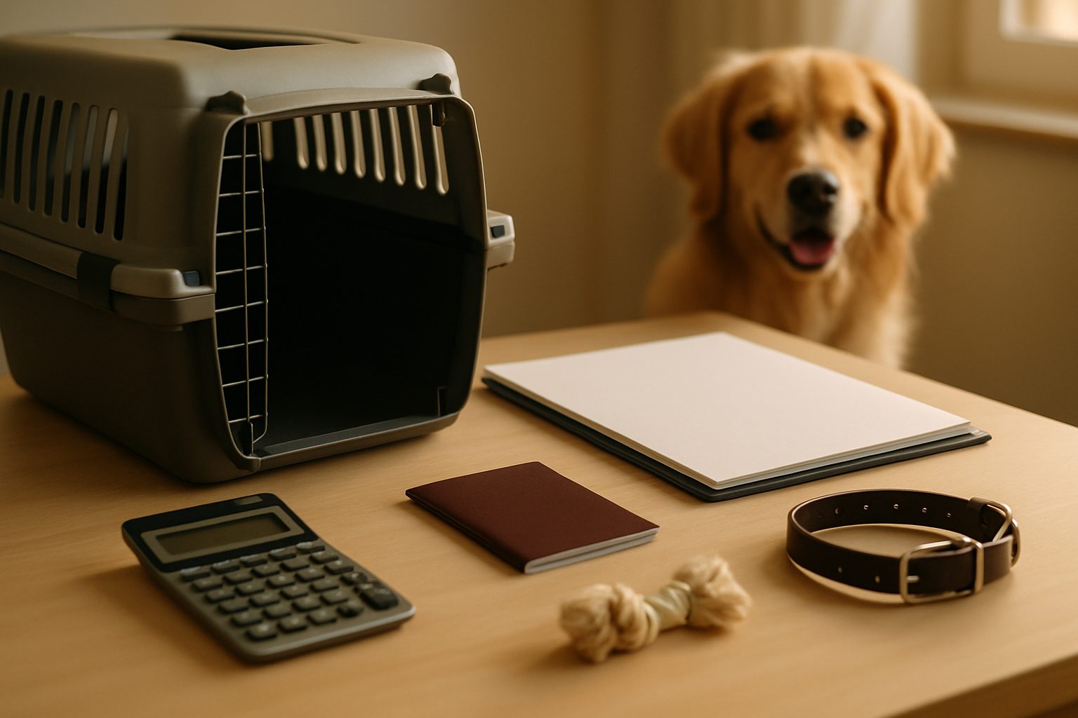 Transparent pet relocation cost breakdown with calculator, documents and travel crate on a clean desk