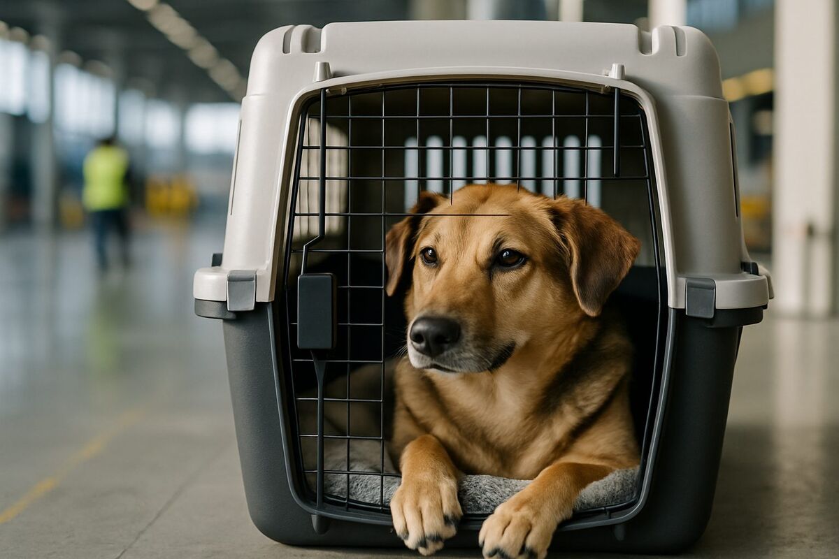 Dog resting inside an IATA-approved travel crate at a Dubai cargo terminal