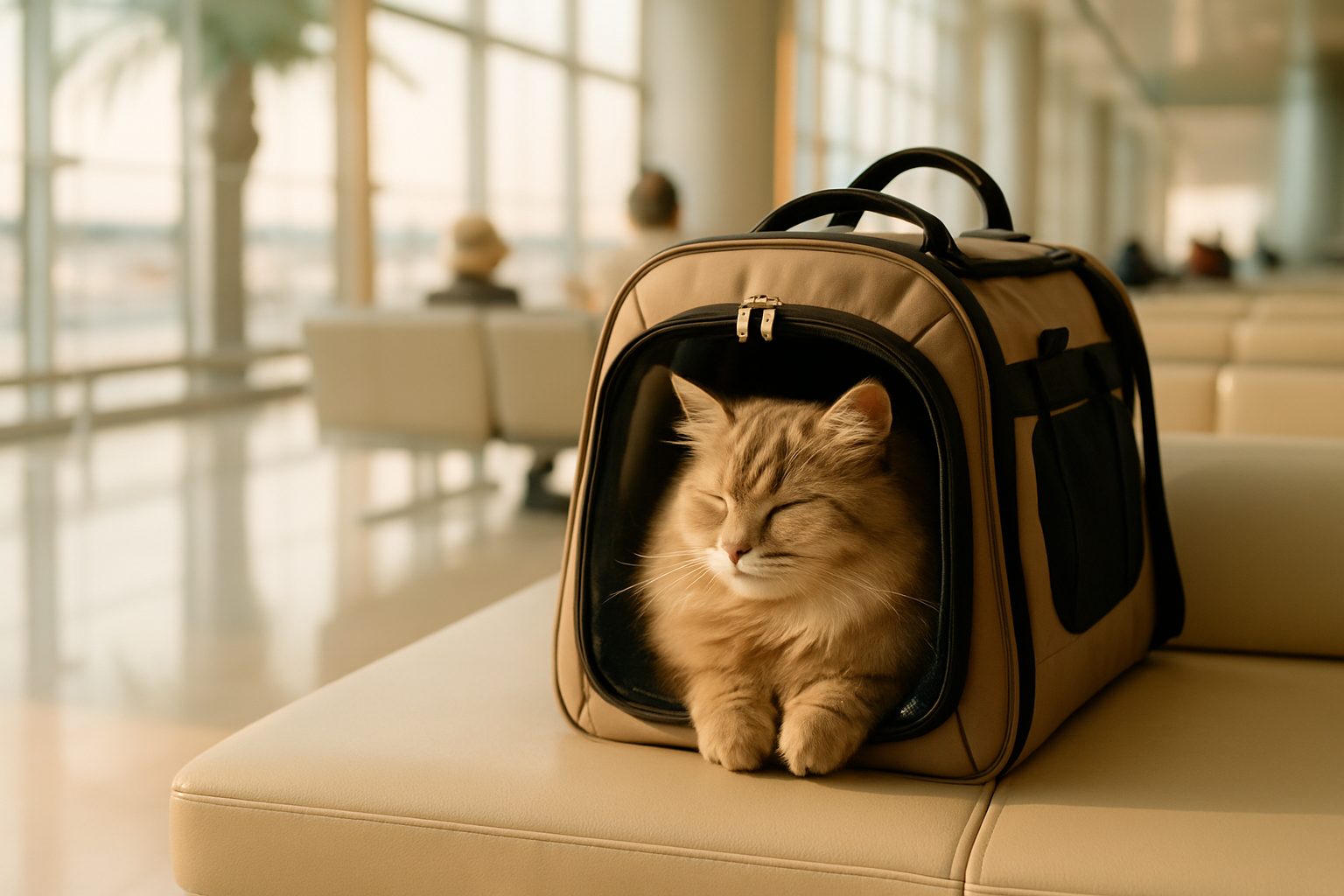 A calm cat in a safe travel crate with caring owner nearby in a modern Dubai home.