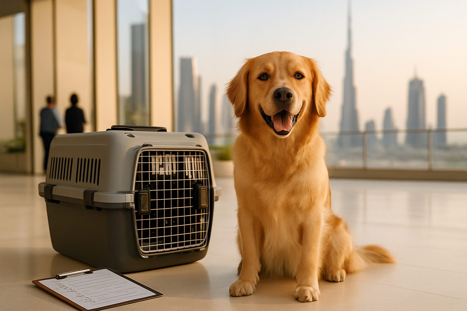 Pet relocation coordinator reviewing travel documents and crate requirements in a bright Dubai office