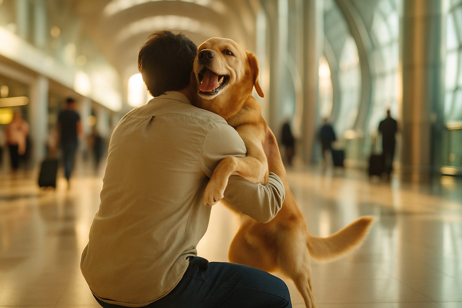 A happy pet owner reuniting with their dog after a safe international relocation to Dubai.