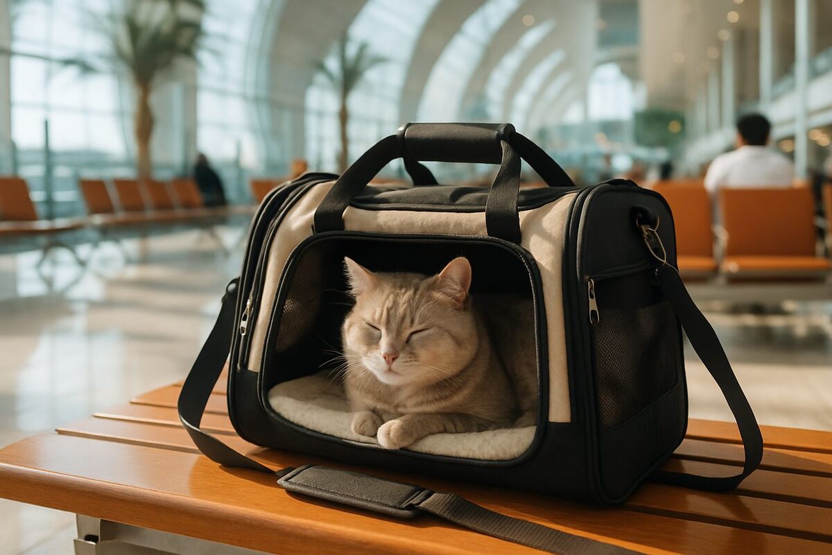A relaxed cat resting inside a soft-lined travel carrier in a calm, bright room — cat relocation in Dubai