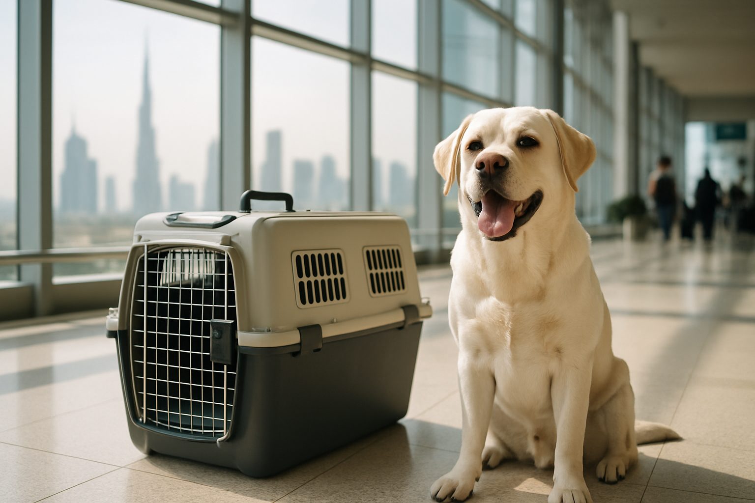 A calm dog sitting beside an IATA-approved travel crate at a bright Dubai airport — dog relocation in Dubai