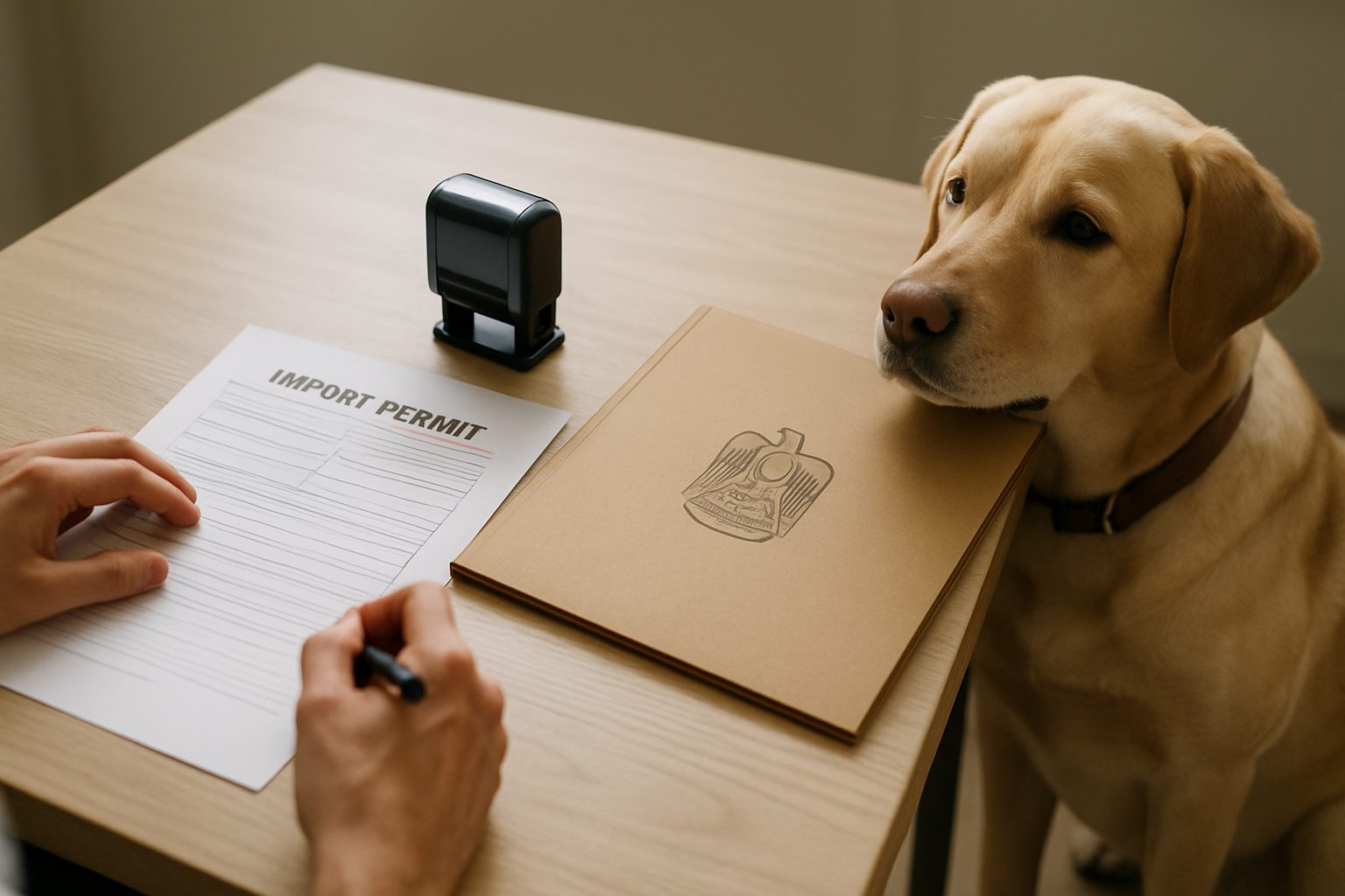 A dog and cat beside a clipboard of travel documents in front of a Dubai government building — MOCCAE pet permit help in Dubai