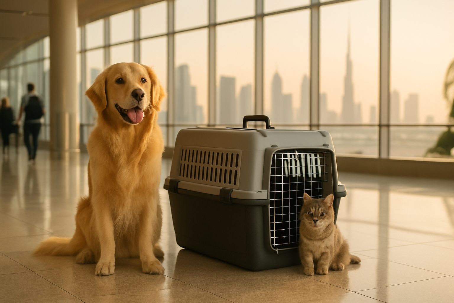 A happy dog and cat beside a travel crate in a bright modern Dubai airport — pet relocation in Dubai