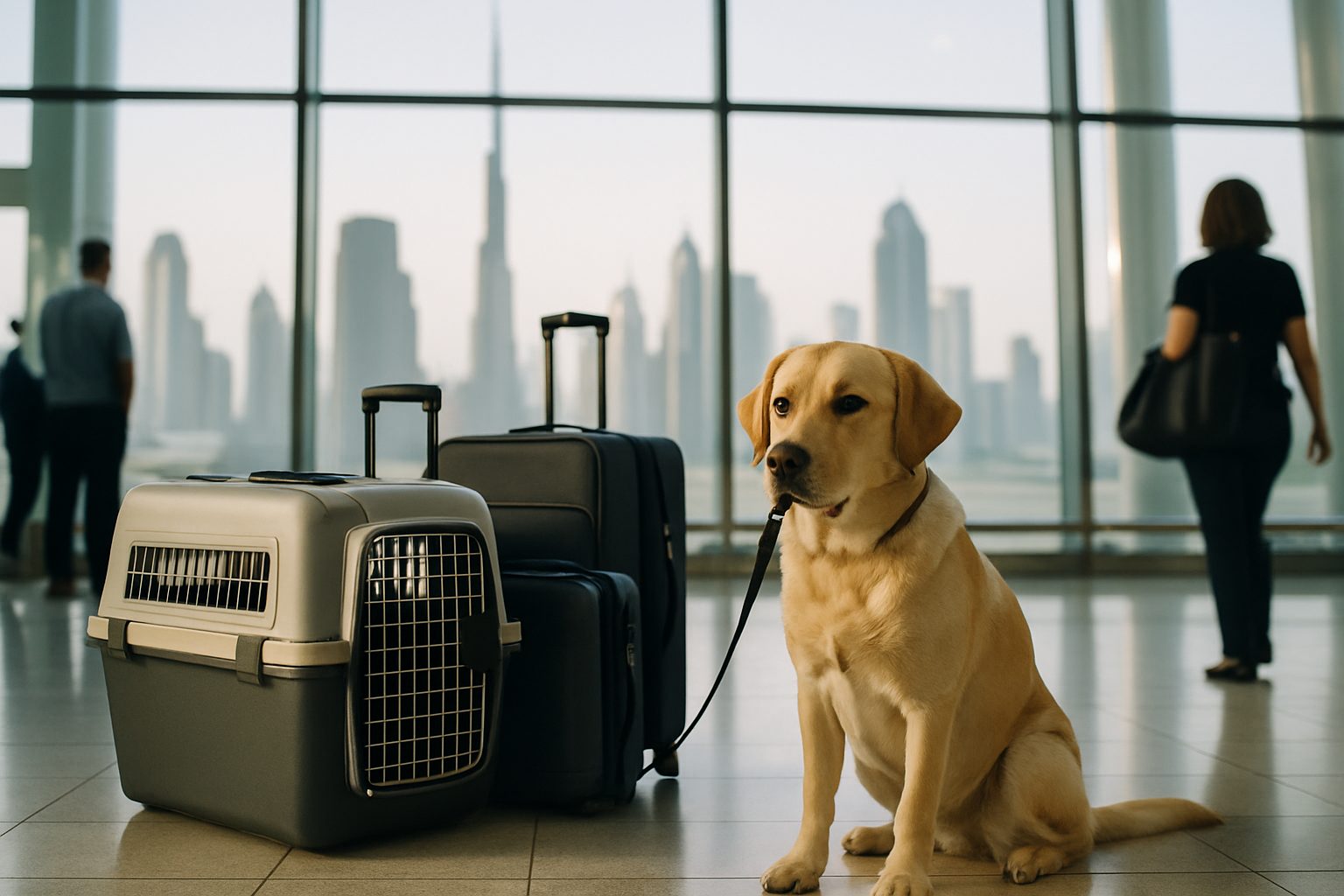 A calm dog and cat beside a travel crate ready to leave Dubai — pet relocation from Dubai