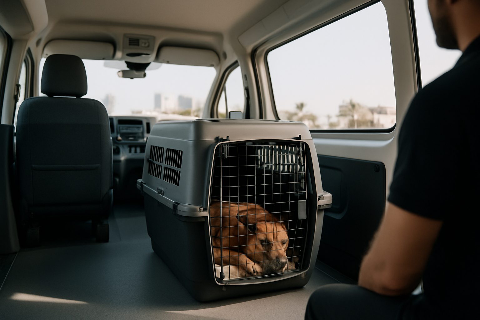 A calm dog and cat being loaded into a clean, climate-controlled pet transport van in Dubai